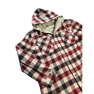 Vintage Woolrich Reversible Wool Plaid Buttons Hooded Jacket USA Size L Tweed